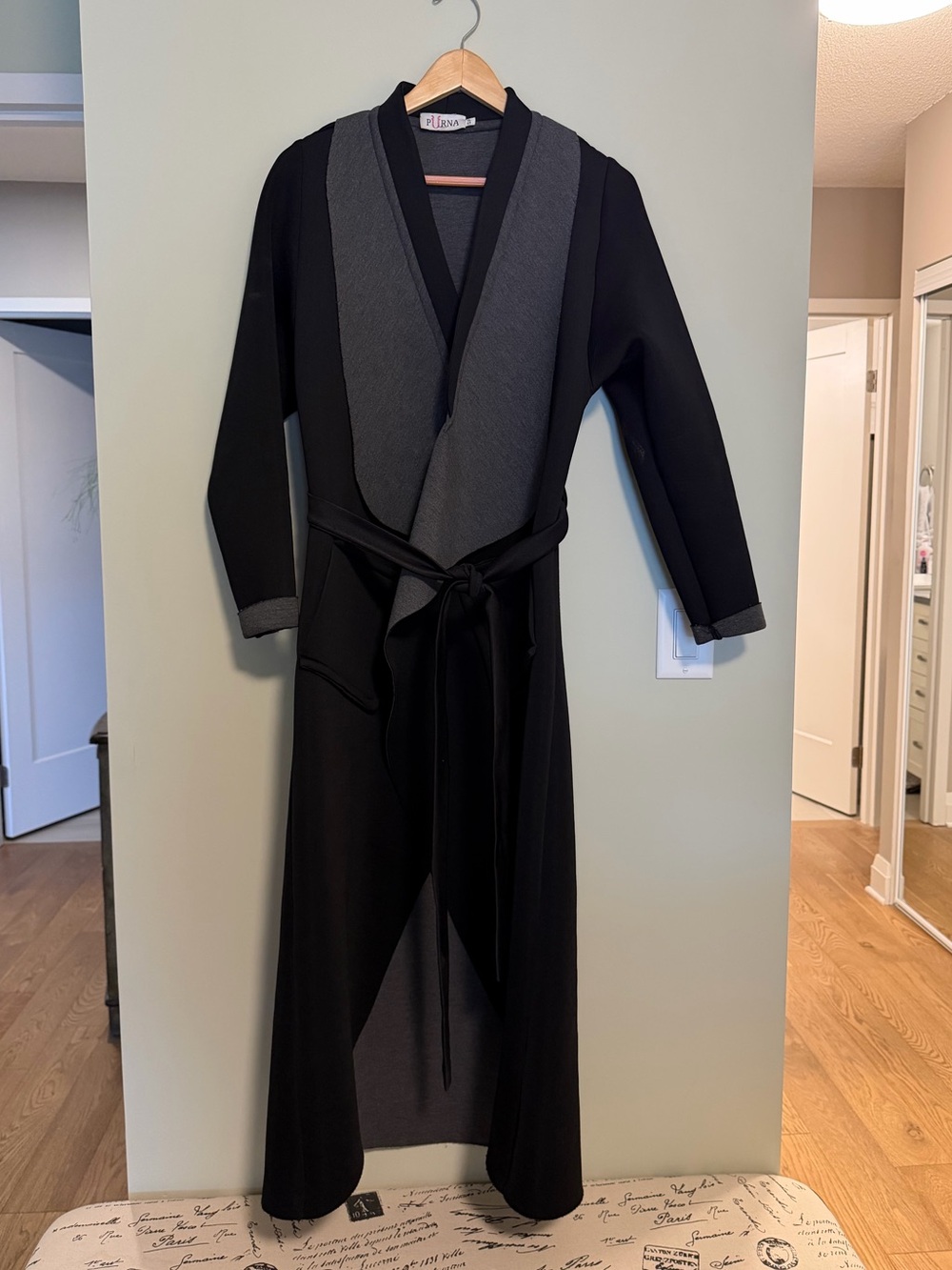 Black Trench Coat with Gray Shawl Collar - Classic Wrap Style